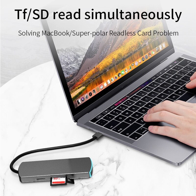 6 In 1 Usb C Laptop Docking Station 3 Usb 3.0 + 4K Hdmi + Tf + Sd type C Poorten Dock Usb Hub/Type C Data Hub