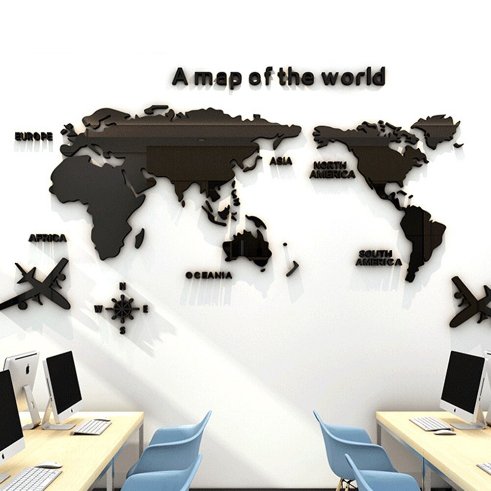 Verdenskort tapet akryl wallsticker kontor stue indretning baggrund virksomhed enterprise sticker 3d stereo wall sticker: Sort / M