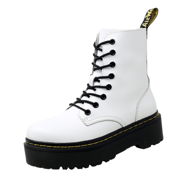 Botines blancos de piel auténtica para mujer, botas de plataforma planas, zapatos de piel para otoño e invierno, botas de cuero con cordones de punta redonda: Blanco / 40