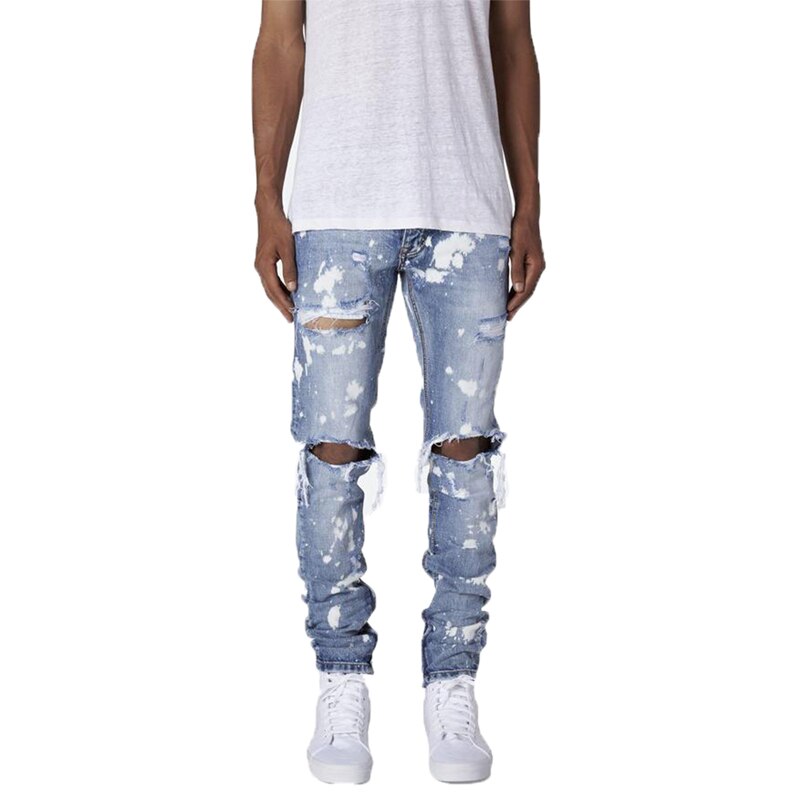 Pantalones vaqueros desgastados con de lunares para hombre, Vaqueros ajustados con agujeros de rodilla, Pantolon