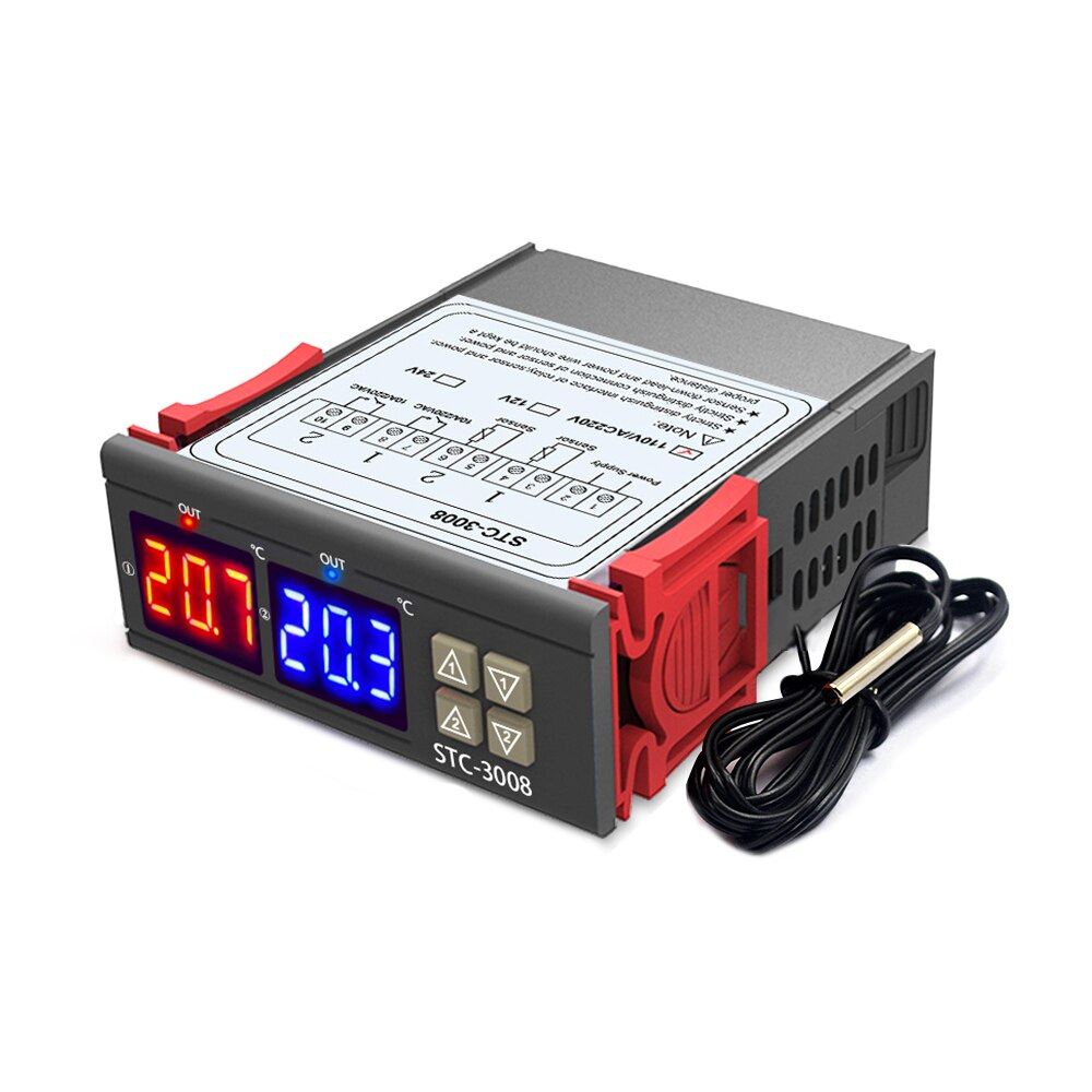 Dual Digital Temperature Controller Two Relay Output Thermostat Thermoregulator 10A Heating Cooling STC-3008 12V 24V 220V