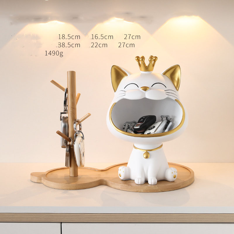 Estante de almacenamiento de llaves de gato bonito, estante de almacenamiento Vertical de llaves de hierro y madera, caja de almacenamiento de entrada con bandeja decorativa, decoraciones de escritorio