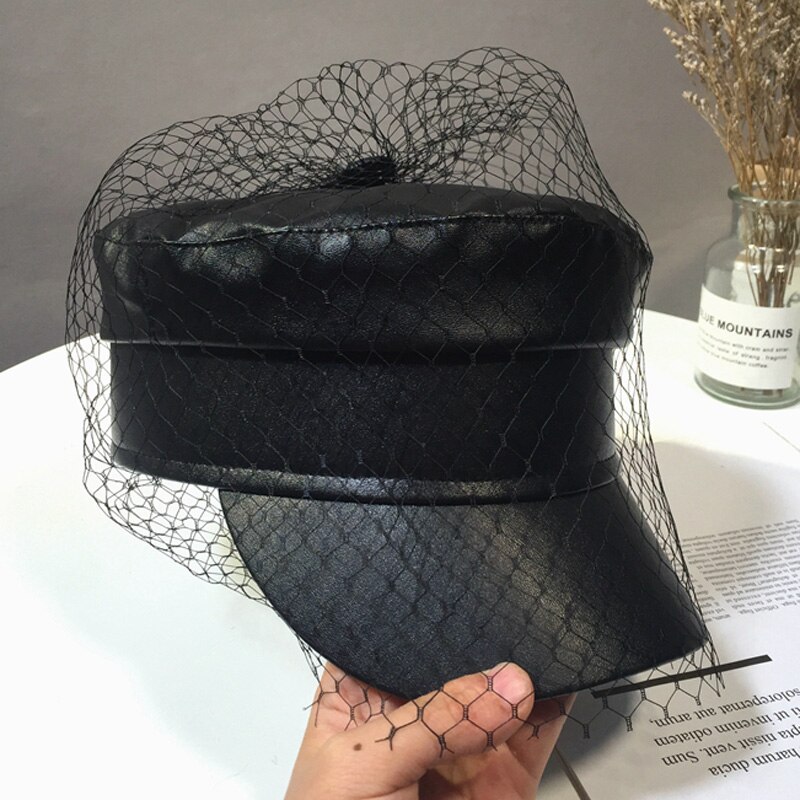 Gorros con velo de encaje de PU negro para primavera y verano, gorra plana con letras de malla negra, varios estilos,