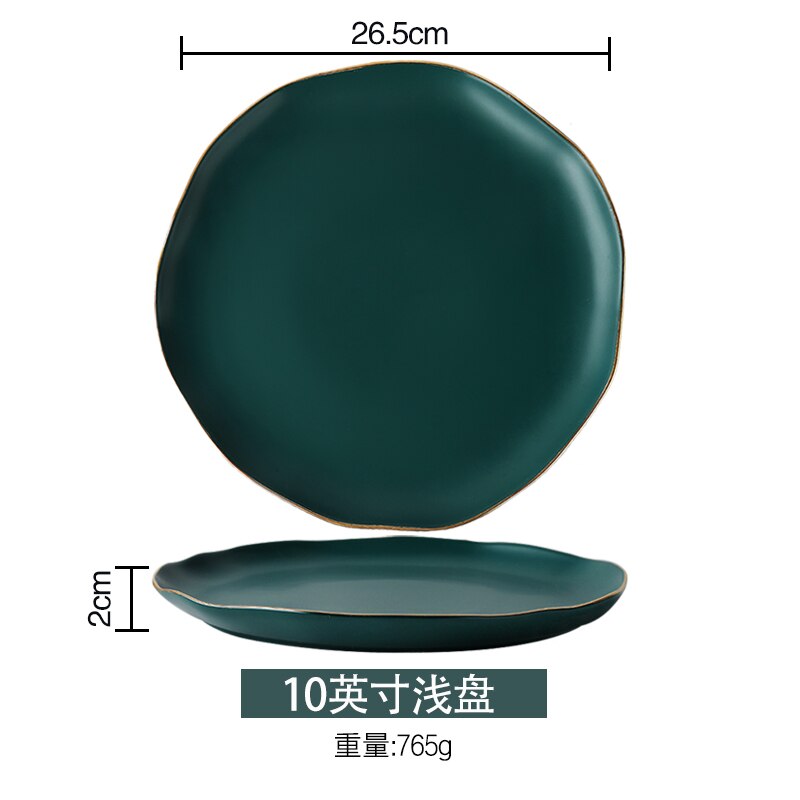 Plaat goud velg onregelmatige schotel thuis dineren plaat dark green keramische bestek set: 10 inch shallow tray