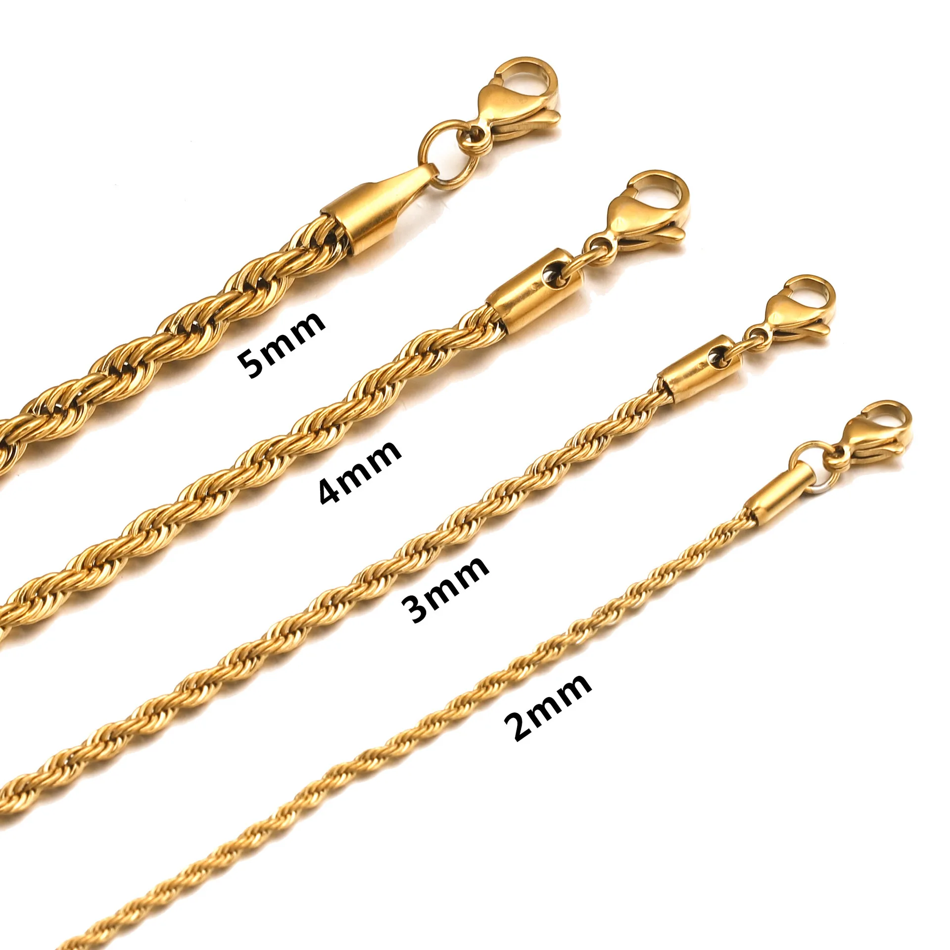 Armbånd i Rustfritt Stål 2-6mm Gullfarge - Tvinnet Rebkjede - Unisex - Karabinkrok