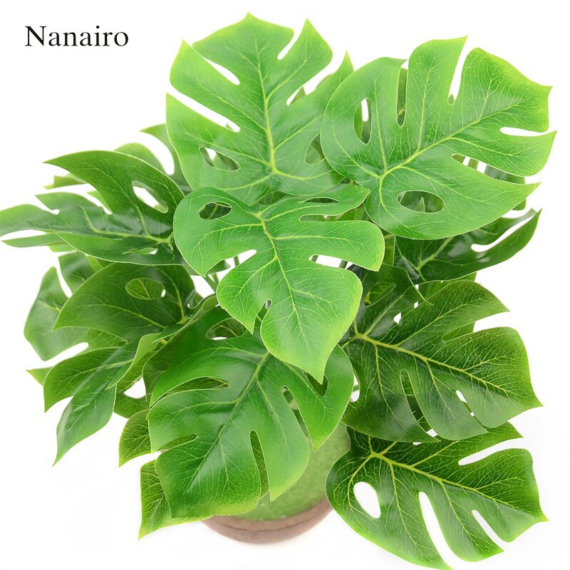 1 bukett /18 blad konstgjord plast palm monstera blad växt för hawaii luau festdekorationer strand bröllopsbord