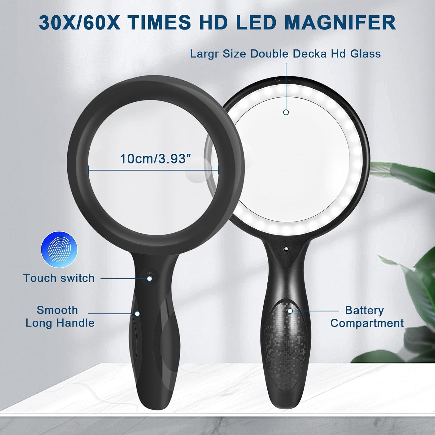 Large Magnifying Glass with Light, 60X 30X Handheld Rechargeable Illuminated Vision Aid Magnifier for Seniors Reading
