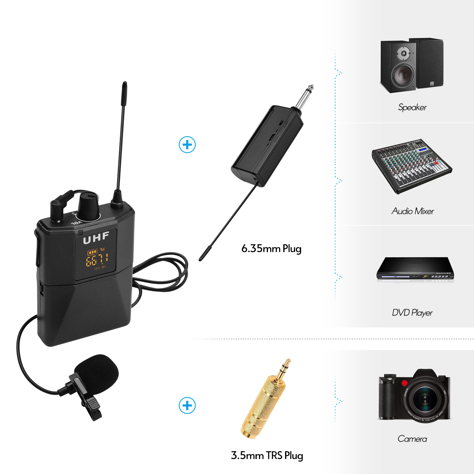 Sistema microfonico senza fili UHF con trasmettitore per microfono corpo-pacchetto e adattatore per ricevitore per miscelatore Audio per altoparlanti registrazione video