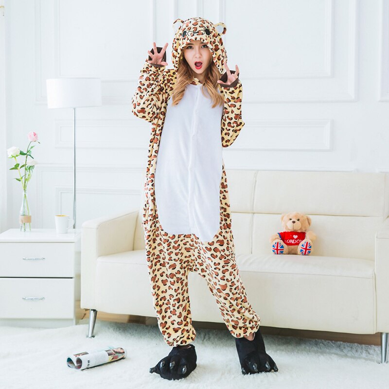 Autumn and winter adult cartoon one-piece pajamas sexy onesie women leopard bear animal woman sleeping clothes cosplay sleepwear