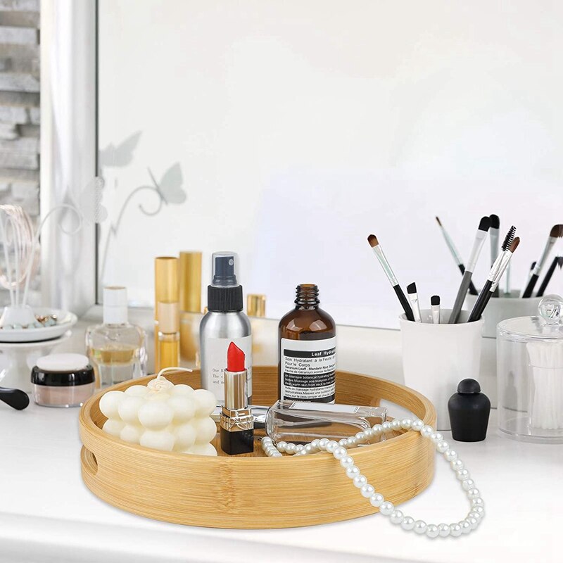 Natural Round Serving Tray Set Wooden Bamboo Circle Tray With Handles For Coffee Table, Food, Restaurant Home Party