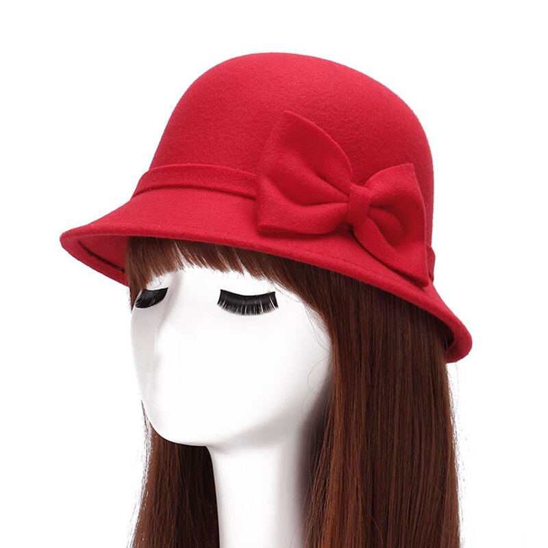 Herbst Winter Frauen Hütte Solide Wolle Filz Kuppel Fedoras Hüte Jahrgang Bogen Eimer Hütte Damen Kappe chapeau femme шляпа: rot