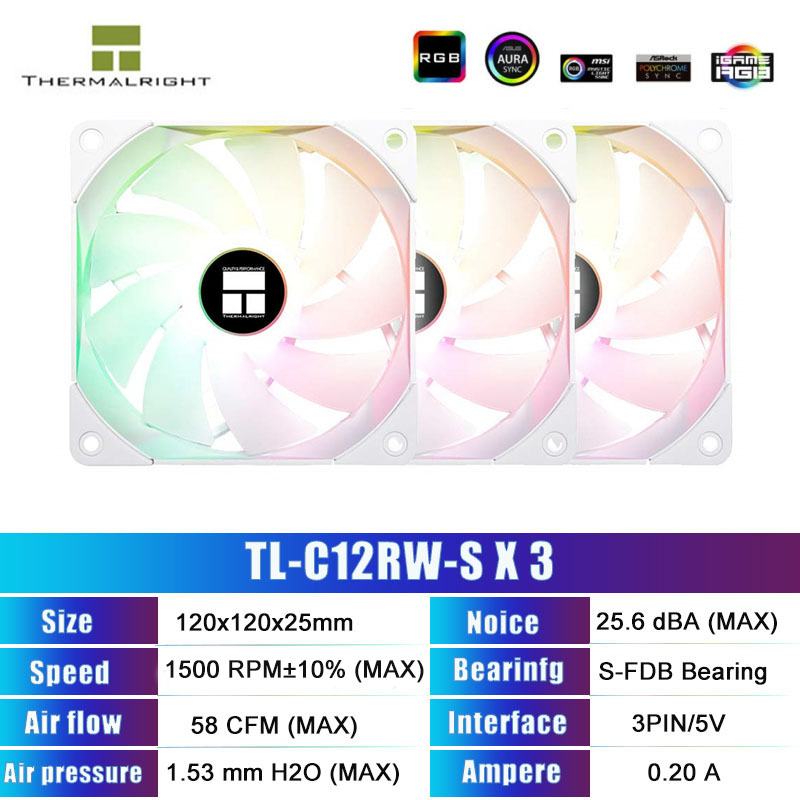 Thermalright 120mm Quiet PWM Fan CPU Cooler Radiator Cooling Fan Reverse Blowing 5V ARGB SYNC PC MOD Computer Case TL-C12RW-S: TL-C12RW-S ARGBX3