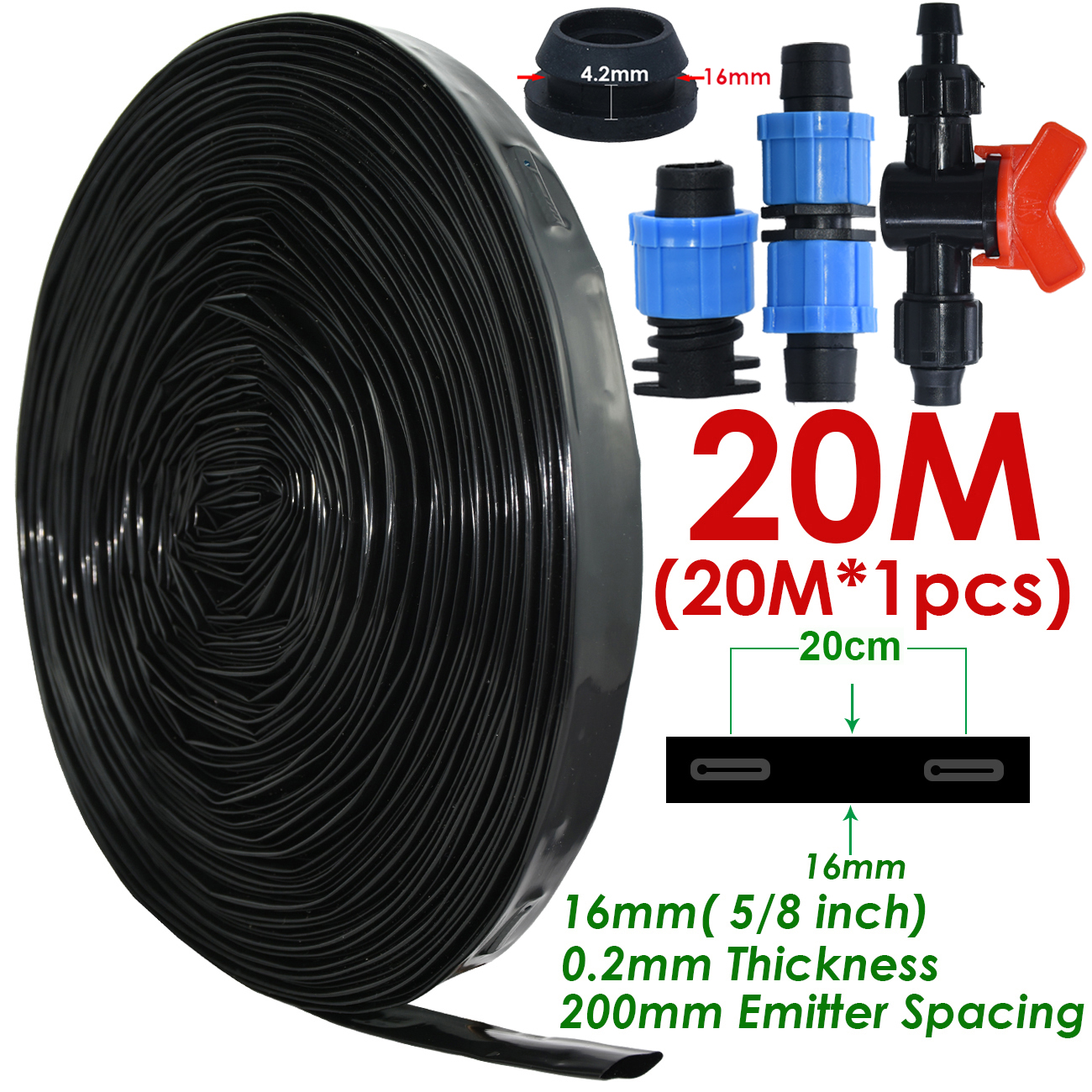 KESLA 20-150M 5/8 ''16mm 0.2mm gruba taśma kroplująca robić nawadniania 8mil 20cm emiter Dripper odstępy szklarnia ogród podłącz twardy wąż: KSL01-KIT142B-20M