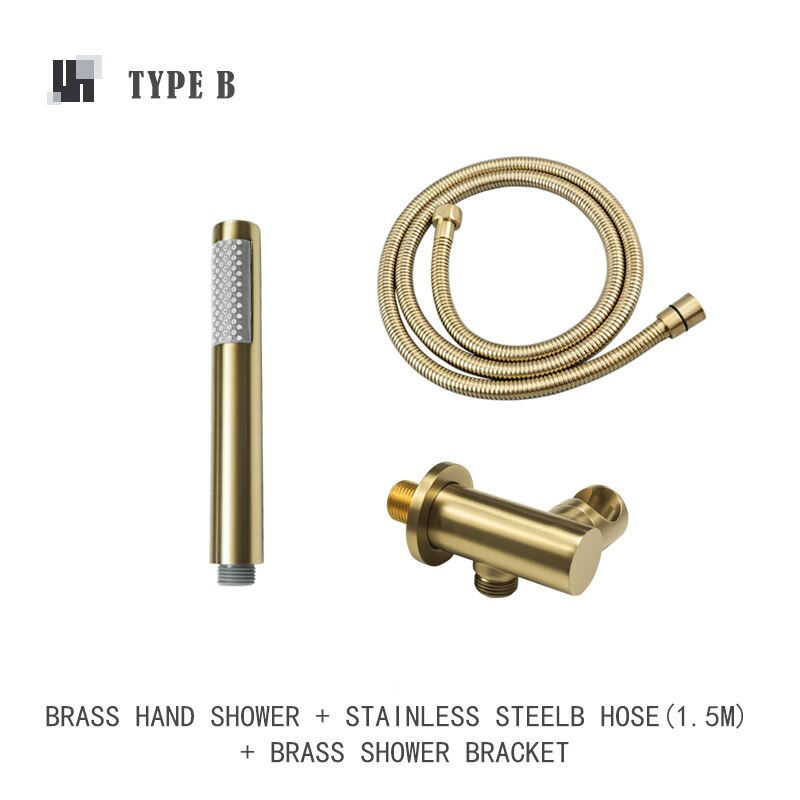 Brushed Gold Hand Shower Bathroom Handhold Water Saving Shower Head Round Square Wall Mount Holder Shower Hose Bath Hand Sprayer: Type B Whole Set