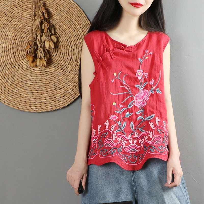Broderi cheongsam top sommer kinesisk top tang jakkesæt ærmeløs linned skjorte traditionel kinesisk stil tøj kvinder 10716