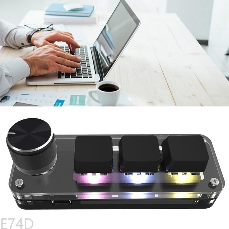 E74D 3-Key Mini Keypad One Handed Mechanical Gaming Keyboard, Multifunctional Shortcut Programmable Macro Keyboard, with Knob