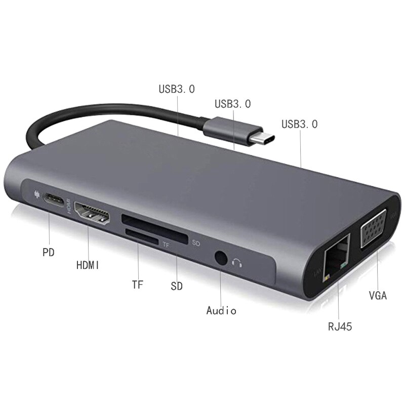 USB HUB Docking Station Typ C Adapter USB 3,0 4K VGA RJ45 10 in1 Konverter