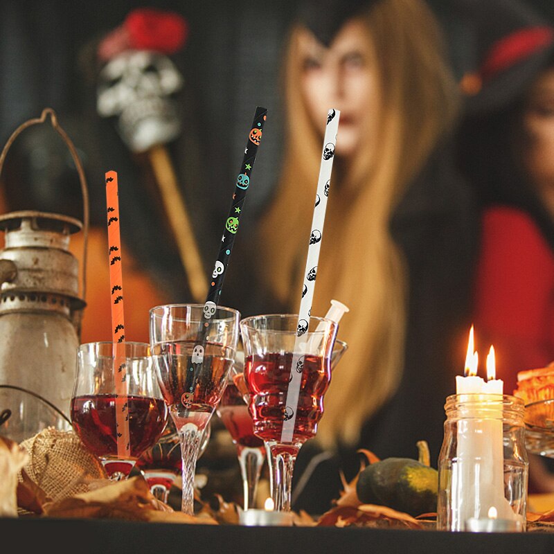 25 st halloween fest dekor papper sugrör dödskalle pumpa fladdermus spöke sugrör festival fest bar tillbehör barn porslin