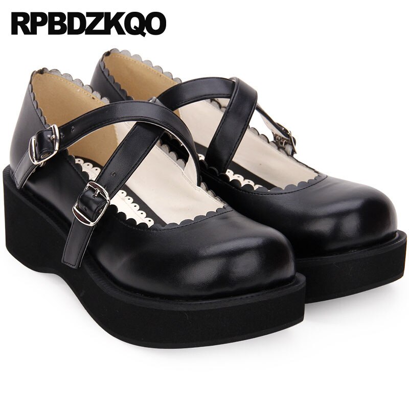 Dames Ronde Neus Wedge Maat 4 34 Platform Lolita Schoenen Klimplanten Kawaii Japanse Korting Medium Hakken Cross Strap zwart