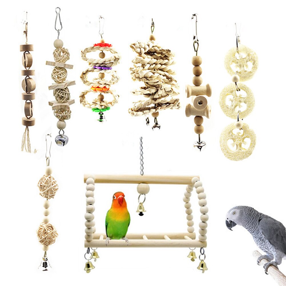 8pcs Wooden Swing Chewing Parrot Budgie Cage Hanging Training Home Funny Accessories Bird Toy Set Cockatiels Primary Color