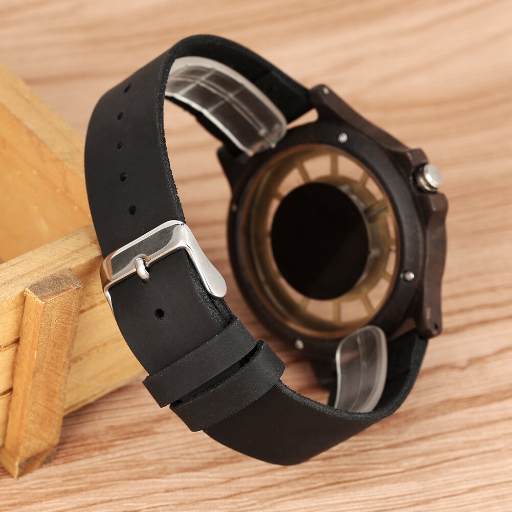 Ebony wood ur herre gennemsigtig hul urskive træure analogt ur vintage quartz armbåndsur reloj de madera