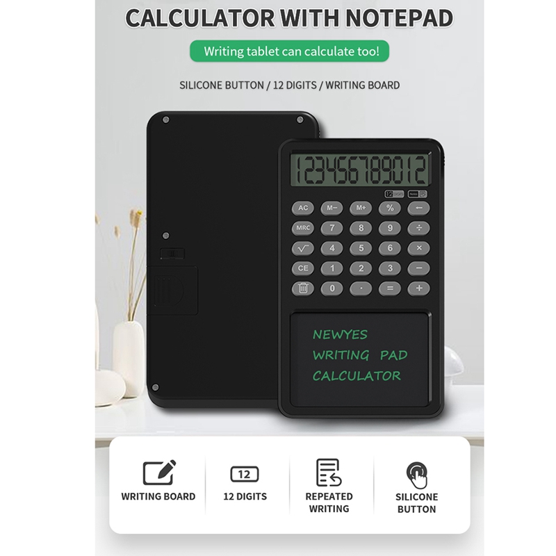 12 Digit Display Calculator Notepad LCD Writing Tablet Drawing Board Basic With Stylus Pen Erase Button Lock
