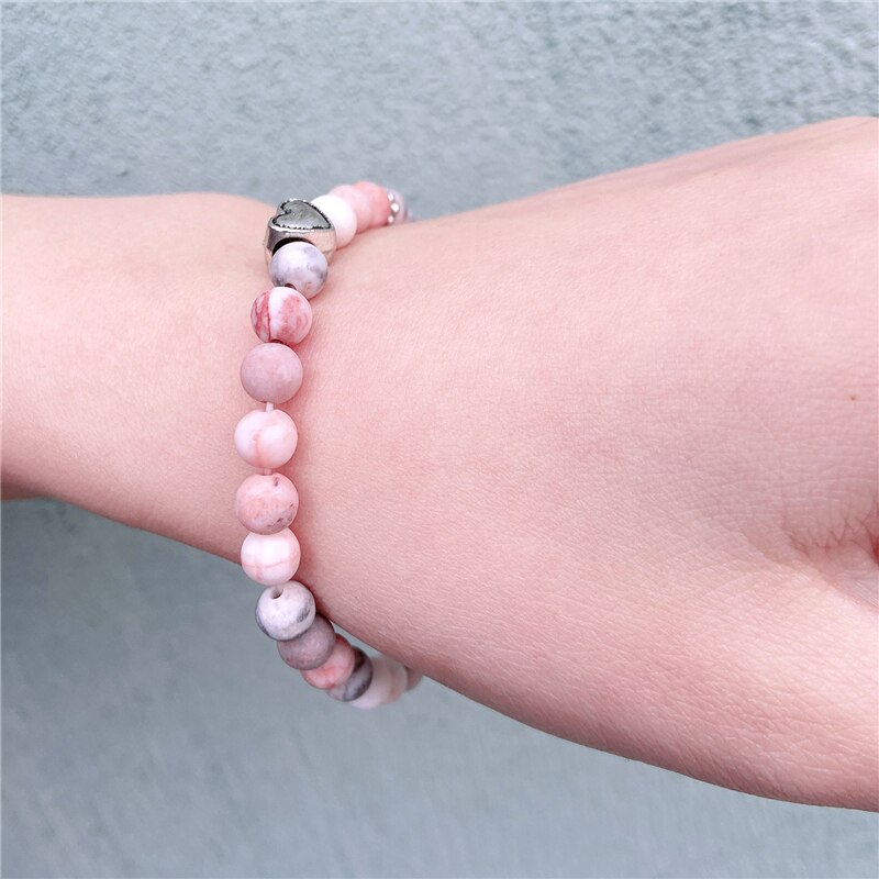 Natuurlijke Roze Zebra Jaspers Armbanden Mannen Matte Steen Kralen Armband Elastische Sieraden Voor Vrouwen Flower Charm Bangle Koppels