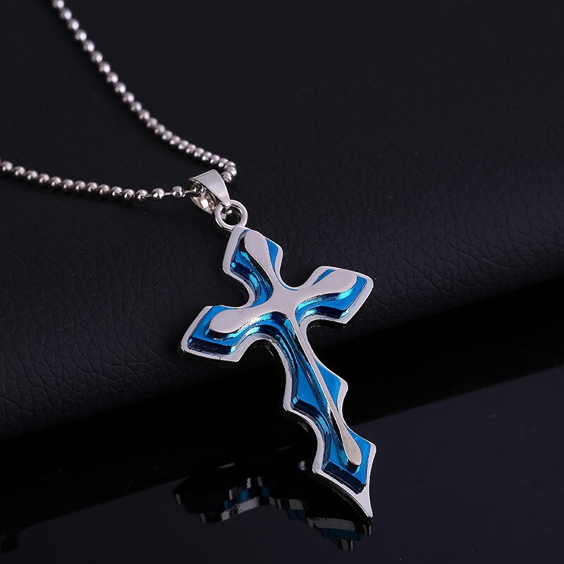 Necklace Men Blue Silver Color Cross Pendant Stainless Steel Chain Necklace Jewelry for Men's Jewelry