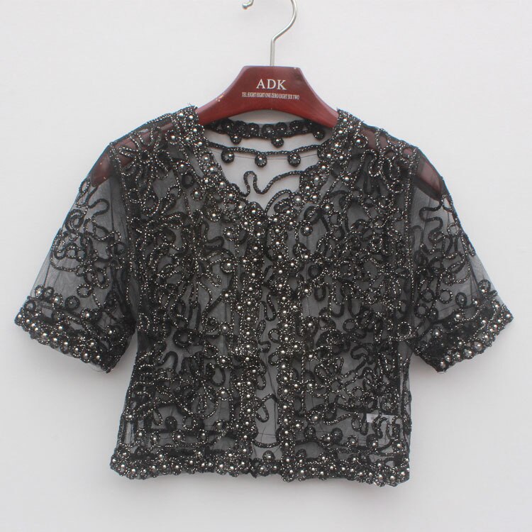 Vrouwen Basic Jas Borduren Lint Bead Verfraaid Korte Mouwen Vest See-Through Sheer Lace Mesh Bolero Top Jas