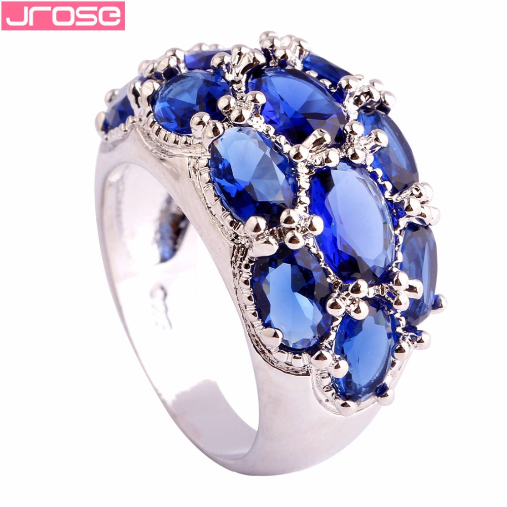 JROSE Wedding Band Denerous Blue & White CZ Silver Color Ring Size 6 7 8 9 10 11 12 13 Gorgeous Jewelry