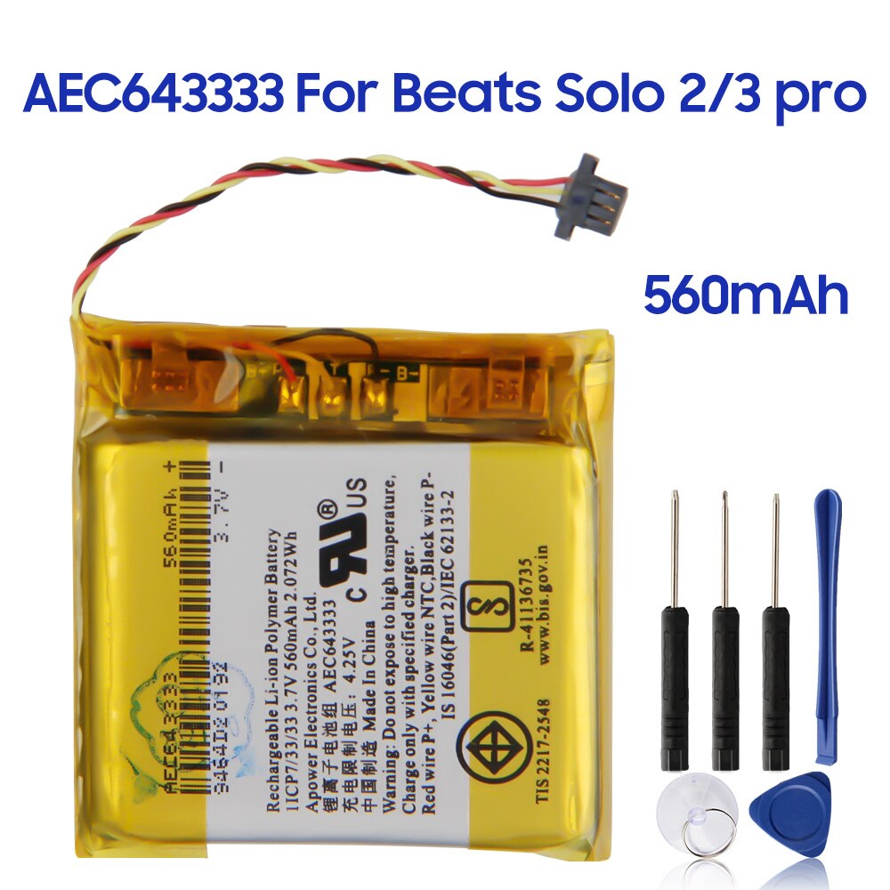 100% Original Battery AEC643333 AEC353535 for Beats Solo 2.0 3.0 pro Replacement Beats Solo pro Wireless Battery capacity 350mAh: AEC643333
