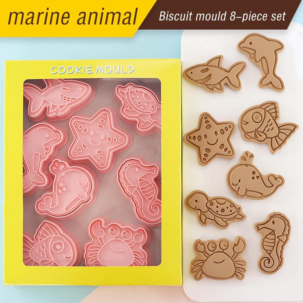 8 Stks/set Mariene Leven Cookie Cutters Plastic 3D Cartoon Pressable Biscuit Mold Cookie Stamp Keuken Bakken Gebak Bakvormen Tool