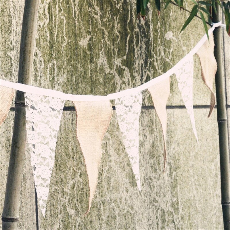 Gelukkig Gewoon Huwelijk 3.3M Bruiloft Decoratie Vintage Verjaardagsfeestje Decoraties Jute Linnen Kant Bunting Vlaggen Wimpel