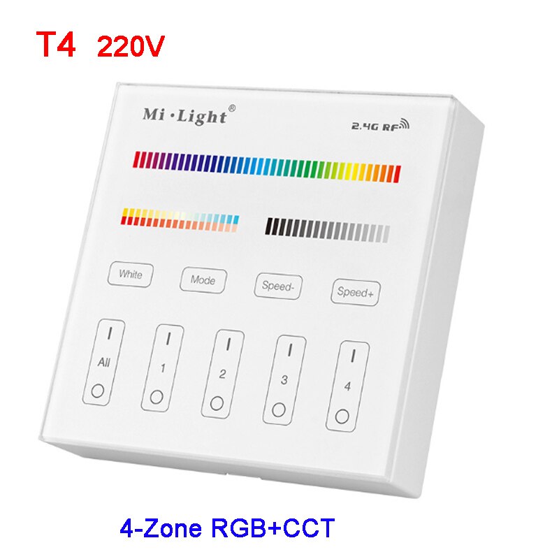Miboxer RGB+CCT Smart touch Panel Controller B8/B4/T4 Wall-mounted 2.4G 4-Zone 8-Zone Remote switch for led bulb light strip: T4 220V