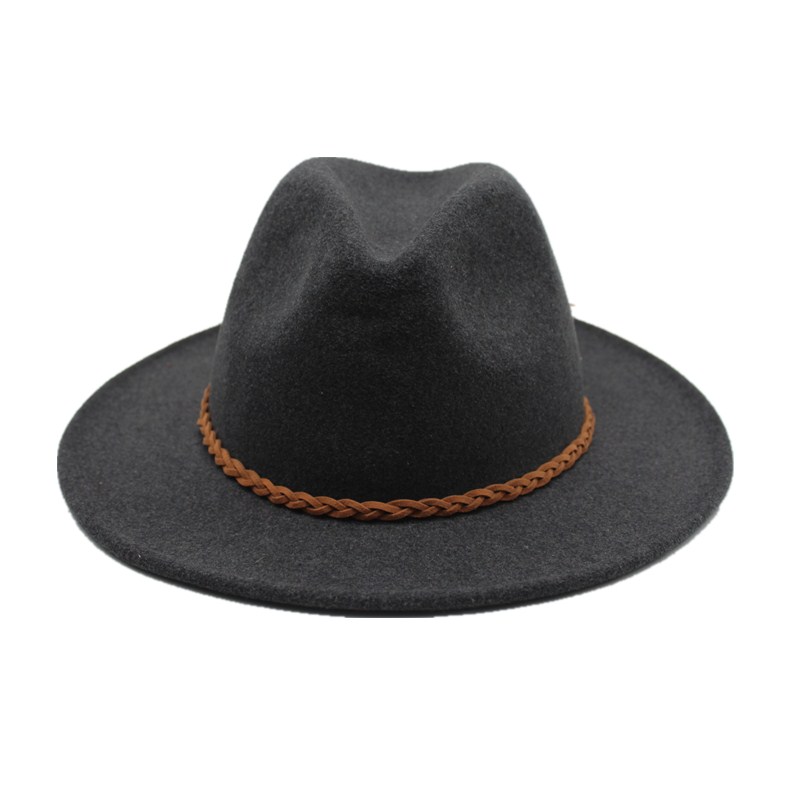 Seioum Wide Flat Brim wool felt Fedoras hats with Ribbon Band jazz trilby formal top hat panama cap Floppy Hat for men women: Deep hemp gray