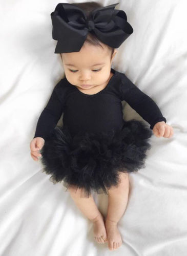 Lille barn nyfødt baby pige sort langærmet jumpsuit bodysuit tutu kjole bowknot pandebånd outfit tøj sæt