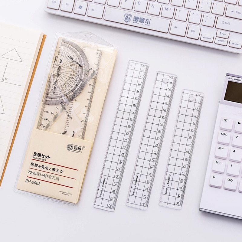 Transparent Acrylic Grid Ruler Cute Kawaii Students Triangular Rulers Protractor Stationery Set for Kids Office School Supplies