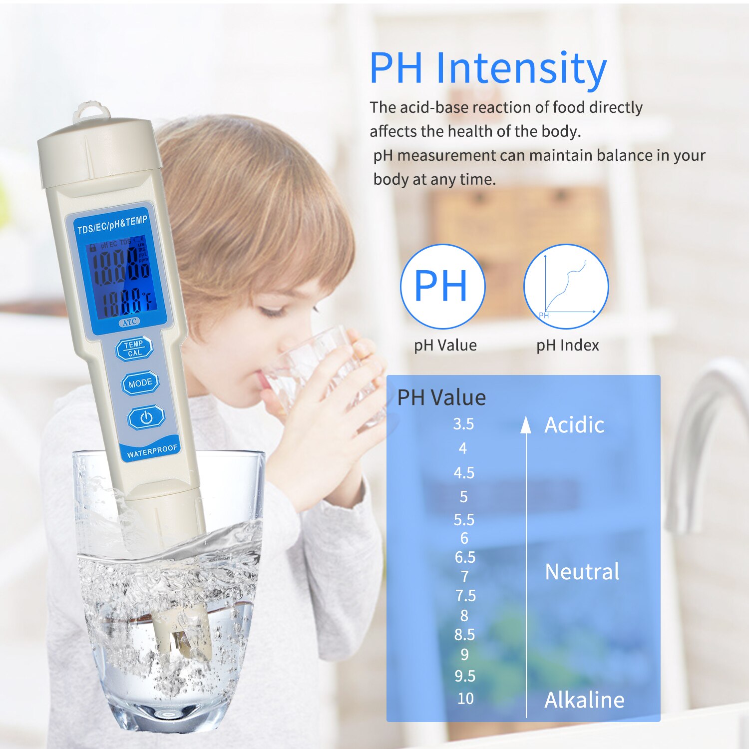 4-in-1 Water Tester Pen Waterproof Water Analysis Instrument PH/EC/TDS & Temperature Meter PH Meter TDS Meter