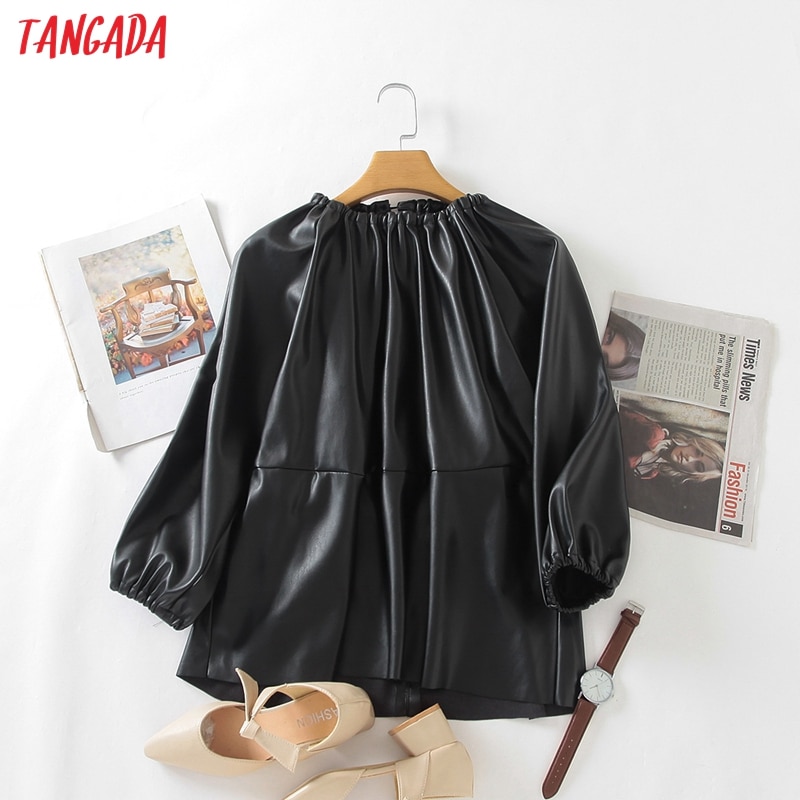 Tangada kvinder oversized patchwork pu læder skjorte tilbage knap chik kvindelig afslappet løse toppe blusas 3 w 206