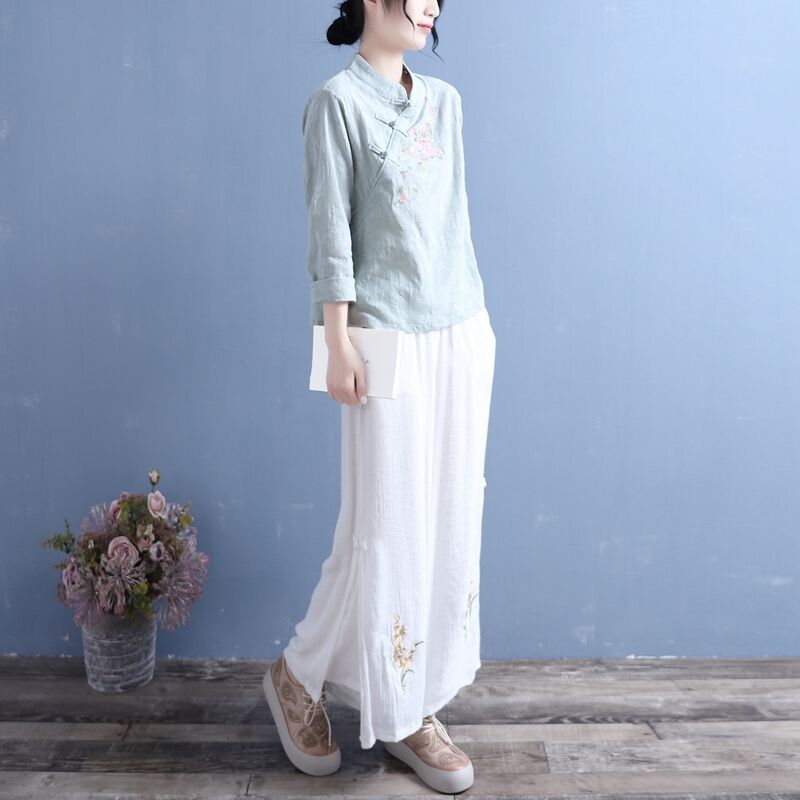 Camisa informal de manga larga para mujer, top de estilo chino tradicional, blusa clásica de cuello mandarín, ropa vintage, qipao para mujer 2022: color2