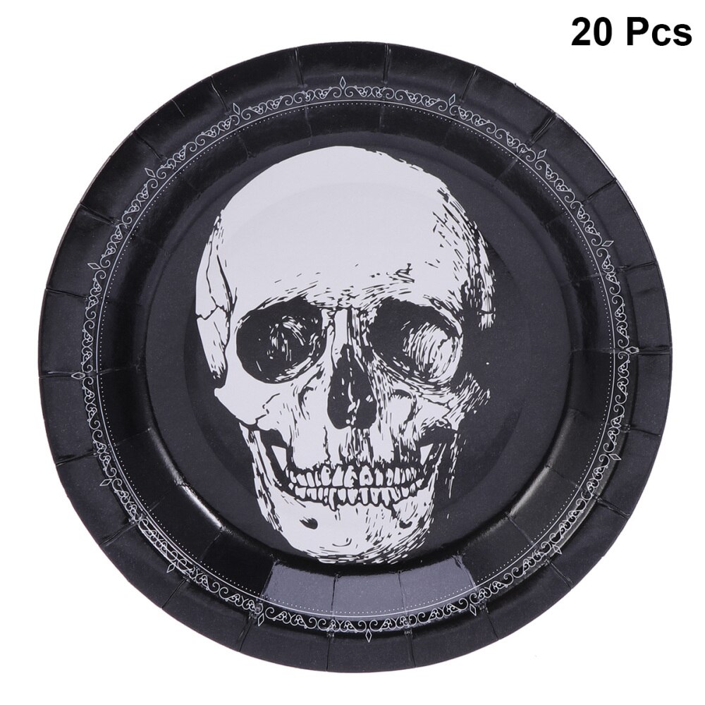 20 pcs Disposable Plates Round Scary Skull Pattern Halloween Party Tableware Paper Plate for Banquet Dinner