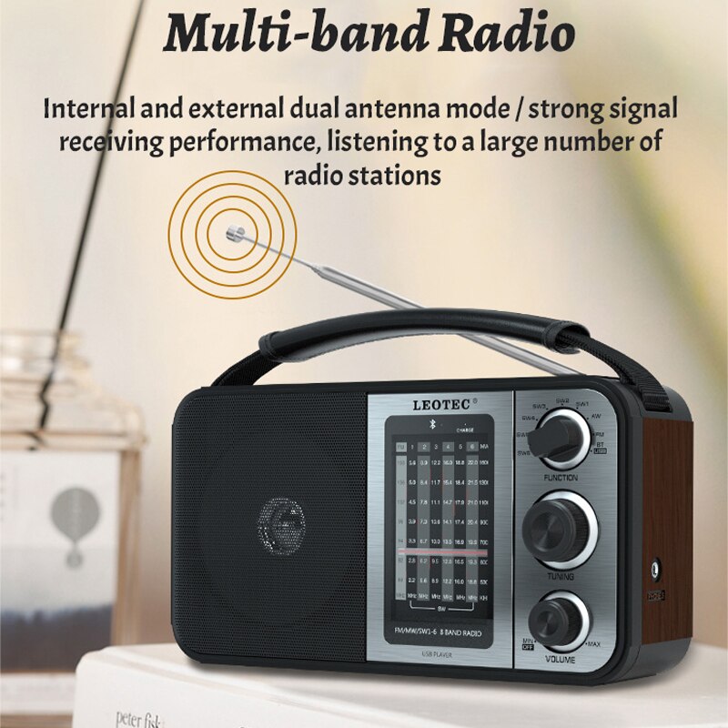 Portable Full Band Radio FM/MW/SW1-6 Radio Receiver Wireless Bluetooth Speaker with SD Card/USB Slot Support AC/DC Power Supply