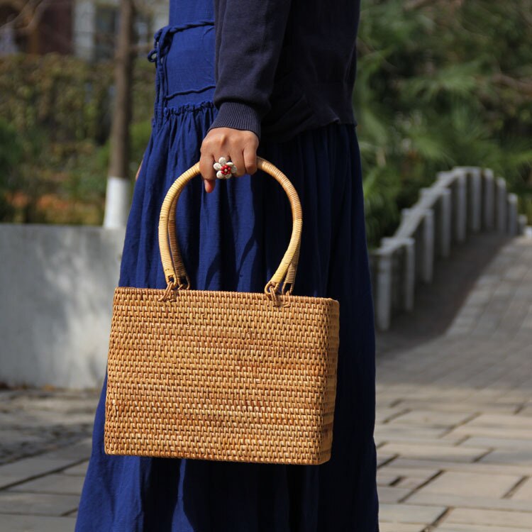 22 Stijl Strozak Rotan Houten Handvat Retro Geweven Zak Emmer Zak Grote Strand Tas: C008 glod
