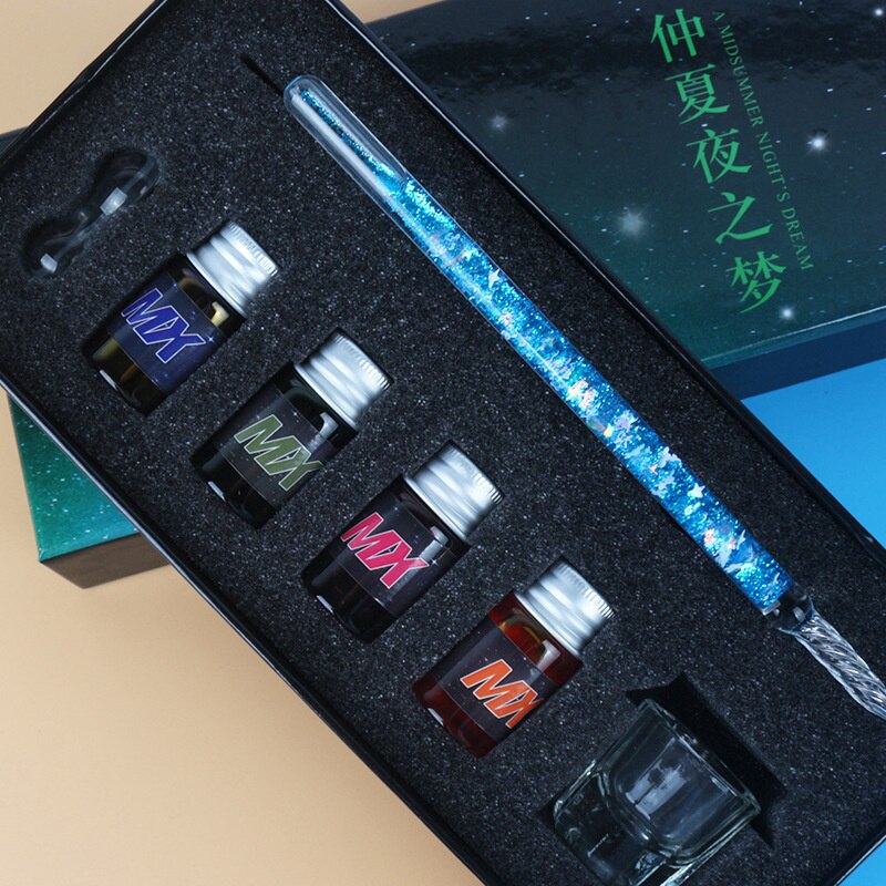 7/13pcs Glass Dip Pen And Blue Ink Sets Box Sequin Series Signature Pencil Handicraft Dip Pens Glass Pencils: Dream Blue