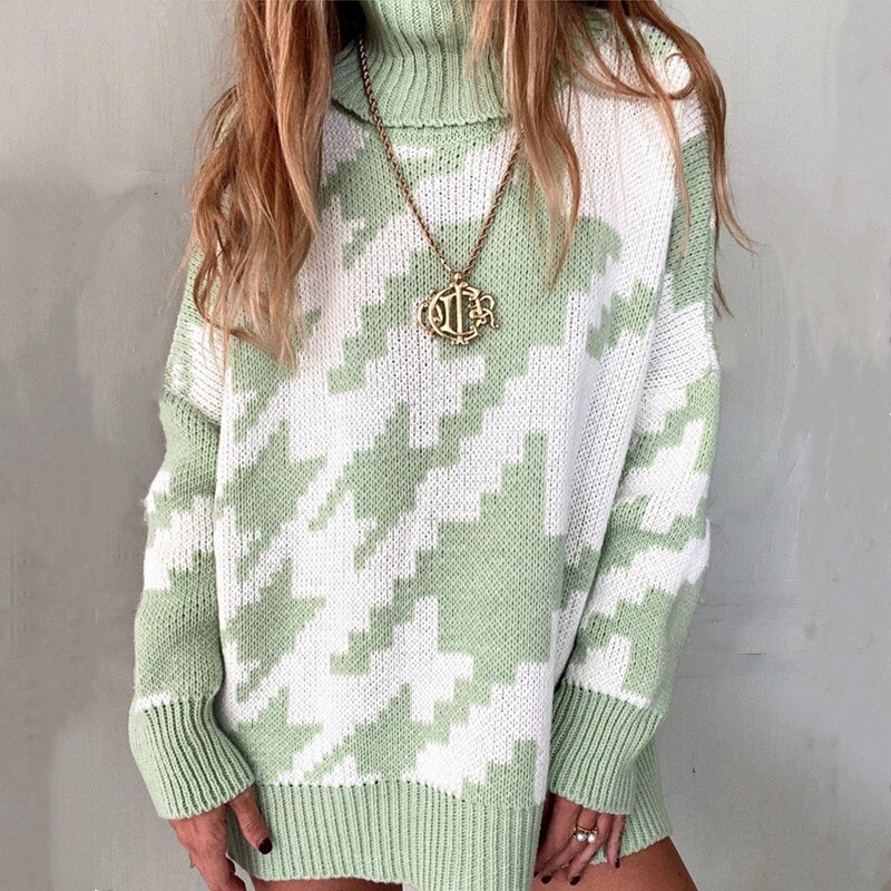 Herfst winter pied-de-poule trui dames trui casual losse lange mouw coltrui vintage koreaanse zwart witte truien tops
