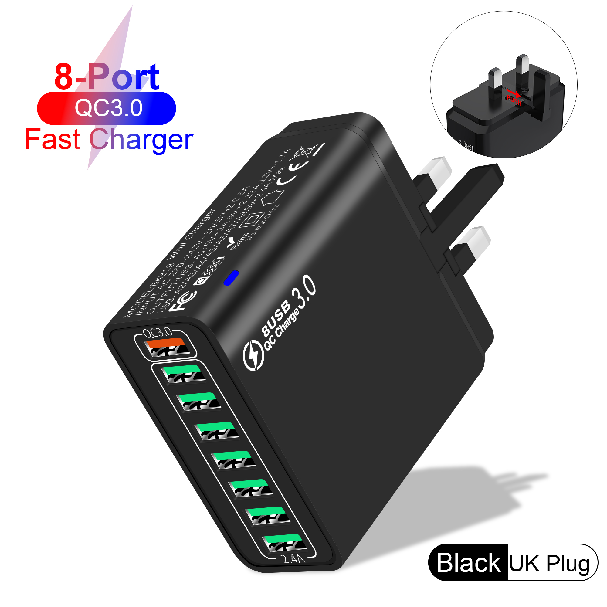 Total 100W 8 Ports charge rapide USB chargeur mural QC3.0 adaptateur de téléphone Portable Portable pour iPhone Huawei Samsung Xiaomi: UK