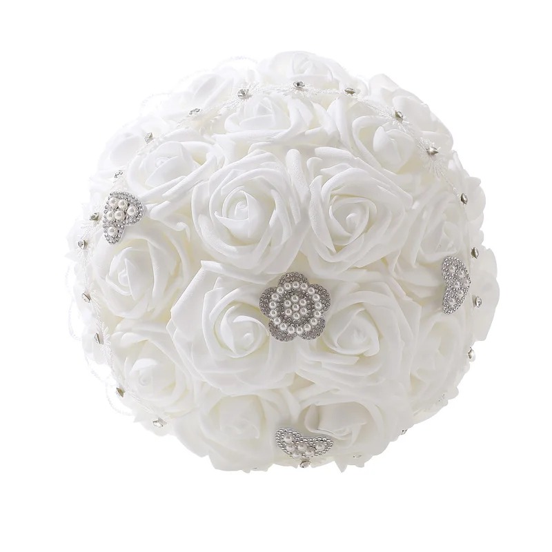 All White Round Wedding Bouquet, Foam Roses Decorated with Sparkle Rhinestone Strips & Wide Satin Ribbon
