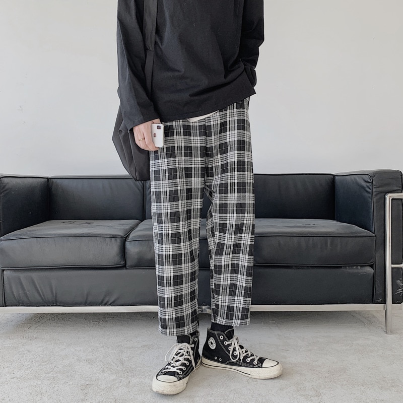 Våren bomull rutiga byxor herr retro casual raka byxor herr streetwear vilda lösa hiphop byxor herr -2xl