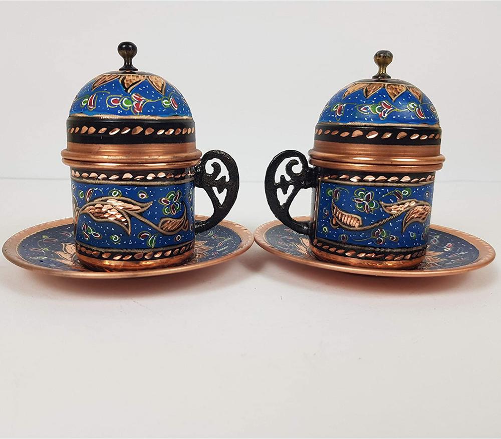(sæt  of 2)  tyrkisk græsk arabisk marokkansk kaffe espressokopper sæt  of 2 og underkopper med låg og kobberholder håndtag demitasse v