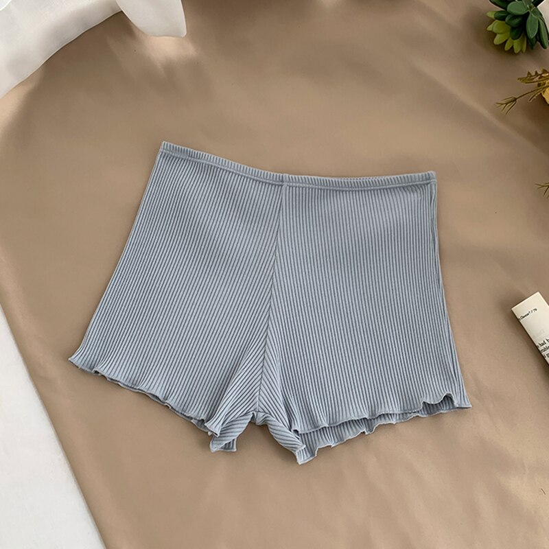 Pearl Diary Women Rib Safety Pant Under Skirts Femme Soft Undies Stretch Waist Lettuce Hem Casual Anti Exposure Bottoms Short: BLUE